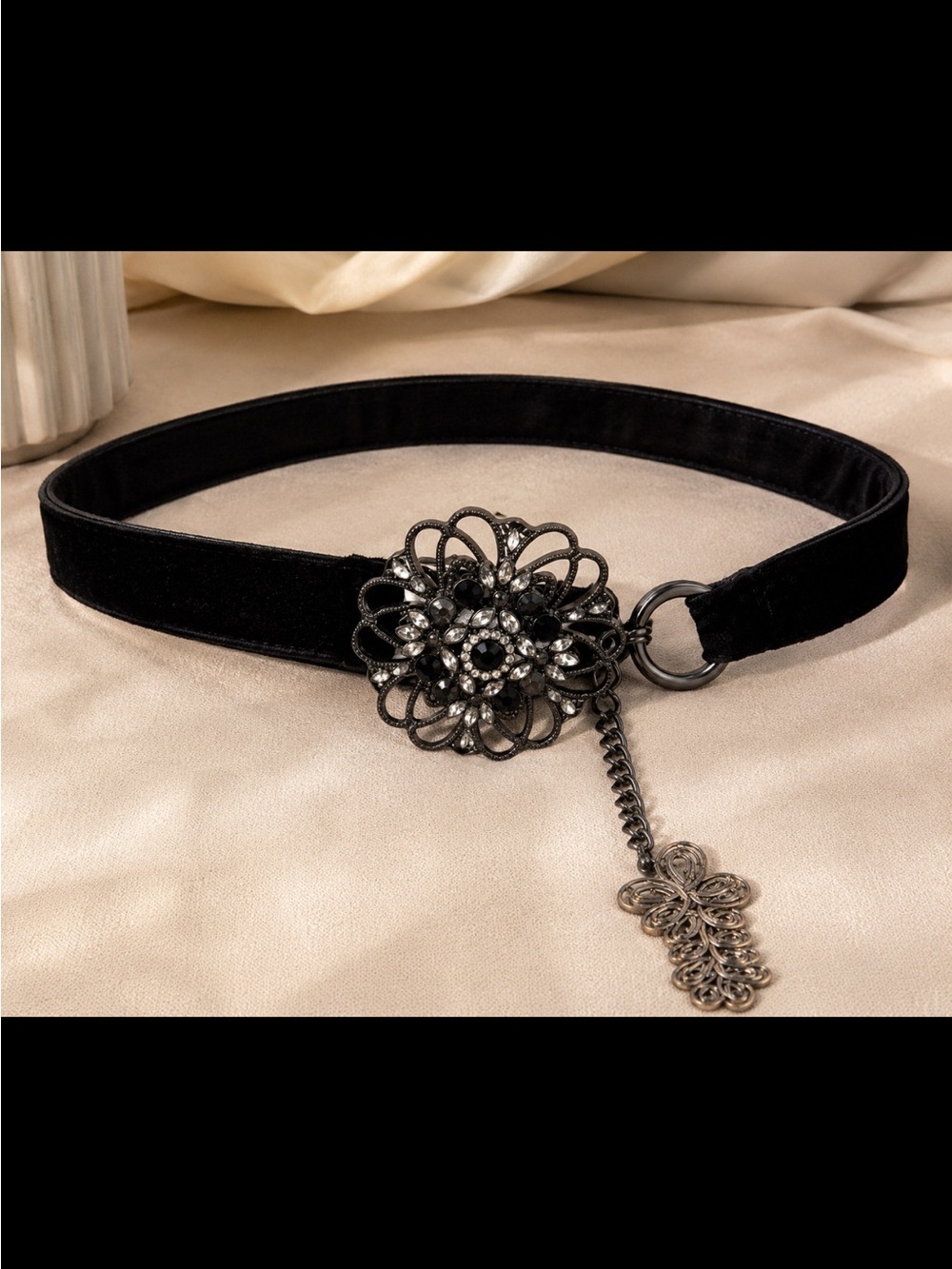 Black Velvet Floral Medallion Chain Belt